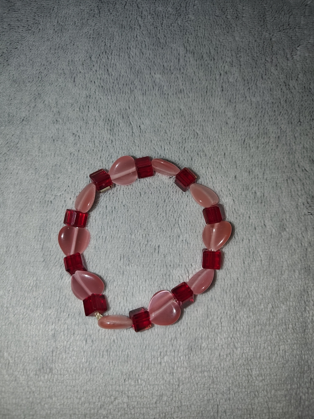 Pink Heart and Red Beaded Stretch Bracelet - Handmade Jewelry